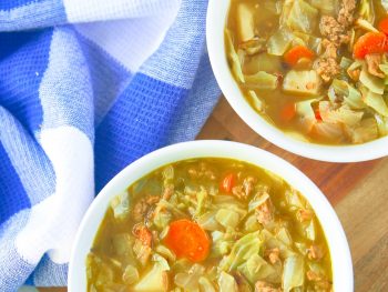 two bowls of rustic vegan cabbage soup